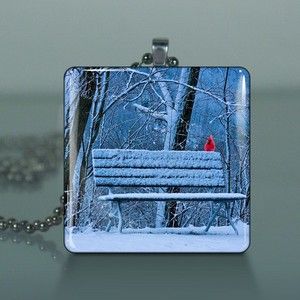Cardinal Snow Winter Bench Glass Necklace Pendant 524