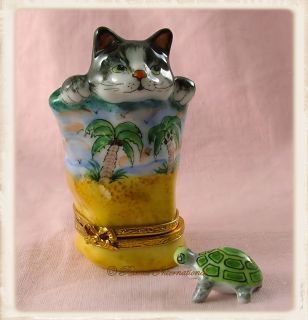 Limoges Porcelain Trinket Box   Cat in Beach Bag with Turtle, New 