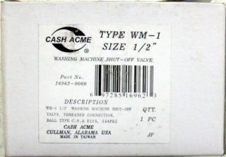 Cash Acme Type WM 1 Washing machine cut off valve NEW IN BOX