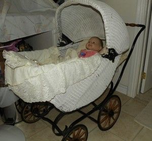   Baby Doll Pram Carriage Buggy White Wicker with Bereunger New Doll