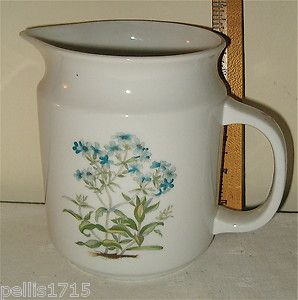 Retro White Ceramic Pitcher Vase with Blue Wildflower Design 6H 4 75 