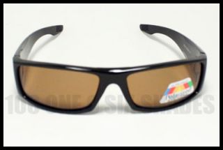 POLARIZED Sunglasses No Glare Mens Biker Style BLACK w/ Brown Lenses