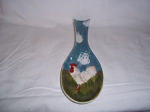 Country Rooster by Jay Ceramic Spoon Rest Blues White Greens