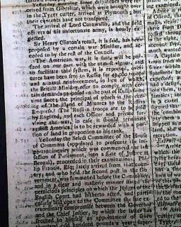 Lord Charles Cornwallis Revolutionary WAR1781 Newspaper