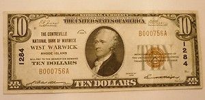   National Currency $10 Type I Centreville Bank West Warwick RI