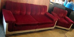 Antique 1930s Overstuffed MOHAIR Couch and Club Chair Wine Cream NICE 
