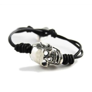 Chan Luu Sterling Silver Punk Rock Skull Leather Wrap Bracelet