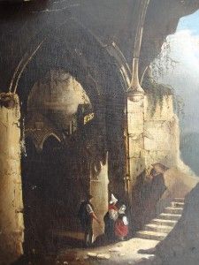 Atmospheric Antique Italian 1800s Grotto Oil Painting