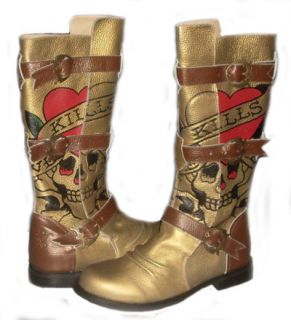   BOX $185 ED HARDY SKULL ROSE GOLD/SILVER WOMENS BOOTS 9M FOR CHARITY