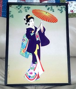 Japanese Geisha with Umbrella Watercolor on Silk Painting Signed and 