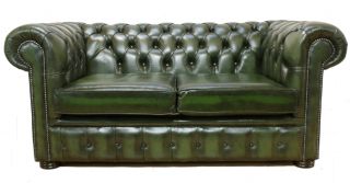 Chesterfield 2 Seater Settee Sofa Antique Green Leather UK 