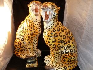   Leopards TIGER Statue Hollywood Regency Estate Italy Ceramic Cheetahs
