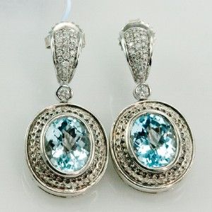 Charles Krypell 14k White Gold Silver Blue Topaz Diamonds Earrings 