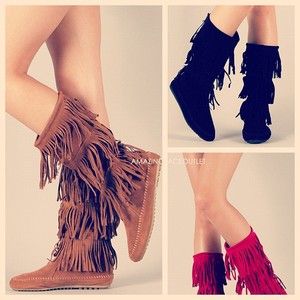 Fringe Boots Indian Cherokee 3 Tier Layer Faux Suede Brown Black Flat 