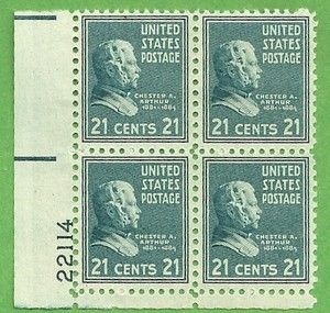 SCOTT #826 CHESTER A ARTHUR 21c STAMP PLATE BLOCK OF 4 THE 