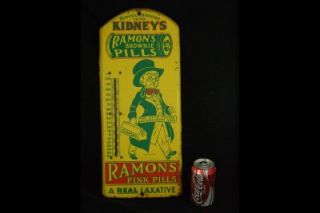 Vintage Large Ramons Pills Brownie Pink Tin Advertising Thermometer 
