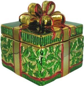    METALLIC CHRISTMAS GIFT BOX PRESENT COOKIE JAR BY DAVIDS COOKIES