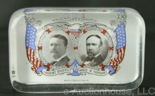   Election Glass Paperweight Teddy Roosevelt Charles Fairbanks NR