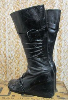   Black Leather Gorgeous Pleated Wedge Broadway Boots Sz 39