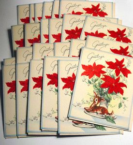 Vintage Christmas Cards with Deer and Poinsettia