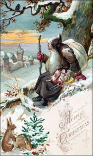 Christmas Card Santa Claus Brown Robe w Bunnies Caspari