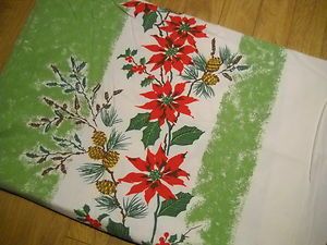 Vntg Christmas Holiday Print Tablecloth Table Linen Pointsettas Pine 