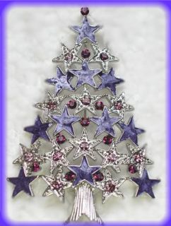   Christmas Star Tree Rhinestone Enamel Silver SP Pin Brooch