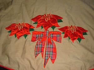 Christmas Tree Skirt Tan Red Trim Appliqued Poinsettias Embroidered 