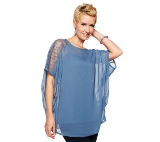 Jennifer Hudson Collection Batwing Top w/ Dot Lace Detail and Knit 