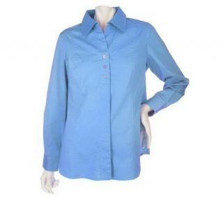 Susan Graver Stretch Cotton Hidden Placket V neck Shirt with Collar 
