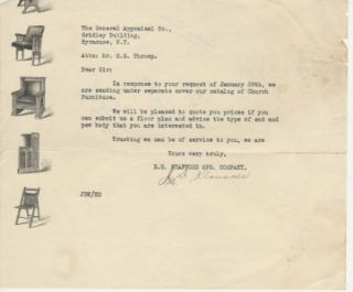 Letter re Catalog of Church Furniture E H Stafford Co
