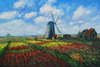 claude monet tulip field with the rijnsburg windmill hand painted oil