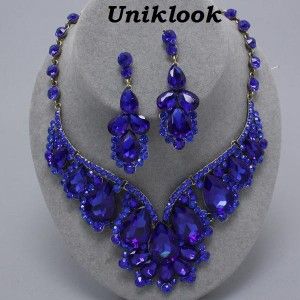Navy Royal Deep Blue Crystal Lucite Chunky Necklace Elegant Costume