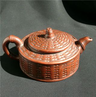 Small, Flat Chinese Yixing Red Clay Teapot With Wicker Design, Marked