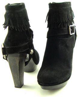 Juicy Couture Clancy Suede Black Womens Fringe Ankle Wooden Clog Boots