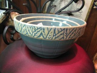 Clay City Pottery Set of 3 Mixing Bowls Green Leaf Rim