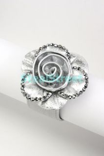 Fabric Rhinestone Embedded Flower Design Bracelet Silver