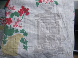  Tablecloth 42 x 48 Cast Iron Coal Stoves and Flowers Gray Red 1950s