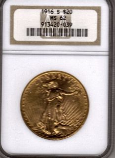 1916 S Double Eagle St. Gaudens $20 Gold MS 62 ++