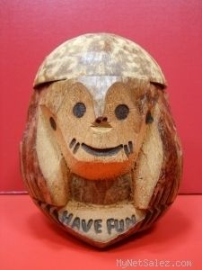 Philippines Island Beach Coconut Shell Carved Monkey Face Coin Bank