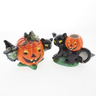  Radko RARE Halloween Sugar Bowl Creamer Set Cat Pumpkin Coffee