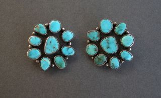 Beautiful Old Navajo Silver Gem Turquoise Cluster Earrings