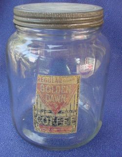 Vintage 2 lb Clear Glass Golden Dawn Coffee Bean Jar