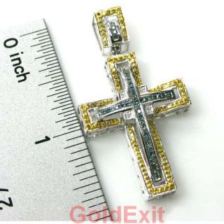 14k Gold Blue Canary Yellow Diamond Religious Cross Pendant Charm New