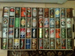 48 Collectible Beer Cans All Over 32 Years Old and Cardboard Tote Case