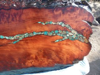 Redwood Burl Coffee Cocktail Table with Gemstone Inlay variscite Stone