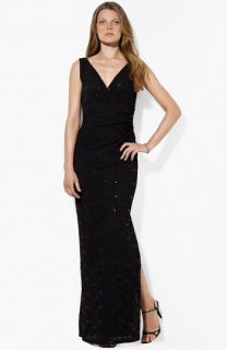 Lauren Ralph Lauren V Neck Sequin & Lace Gown
