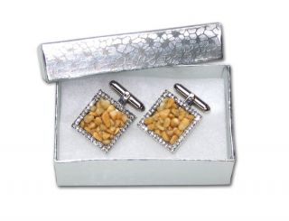 Silver Tone Cuff Links Yellow Color Stone Mens CuffLinks NEW