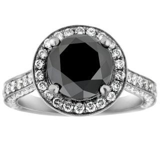  18k White Gold Round Cut AAA Black Diamond MICRO PAVE Engagement Ring