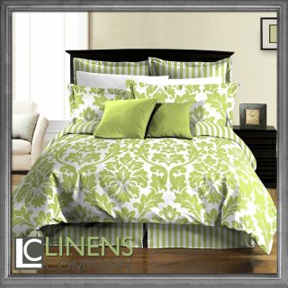  8pcs Reversible White Green Leaf Stripe Duvet Cover Set Bedding